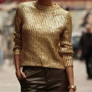 ZARA Gold Crackle Metallic Knitted Sweater NWT